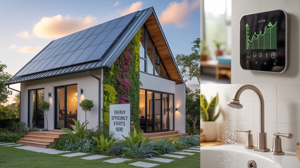 Graphic showing eco-friendly home upgrades like insulation, smart thermostats, and water-saving fixtures, highlighting ways to save money sustainably.