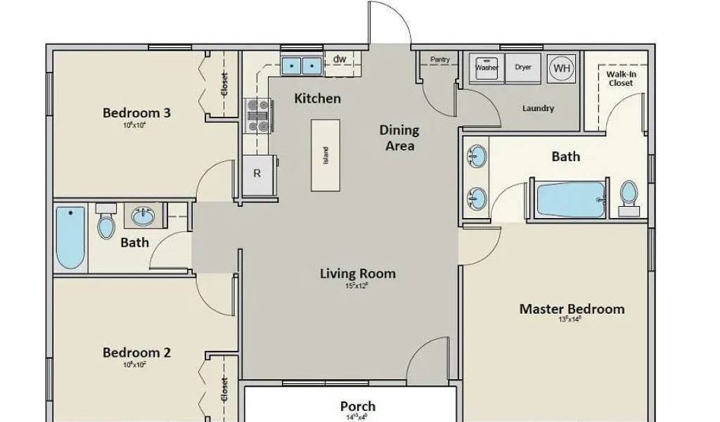 Cozy 3 bedroom 2 bath cottage house plan with a covered front porch.