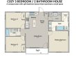Cozy 3 bedroom 2 bath cottage house plan with a covered front porch.