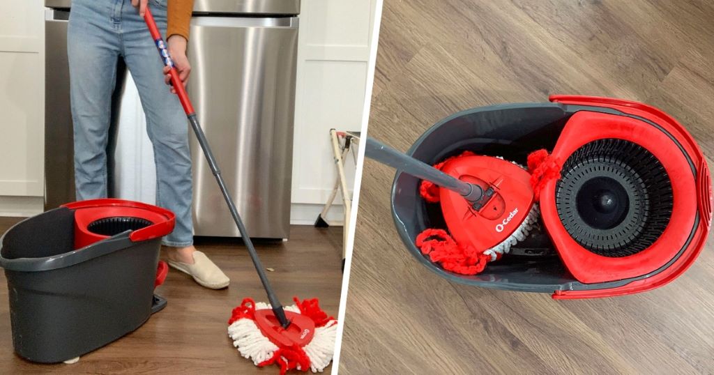 Hand pressing O Cedar spin mop pedal mechanism during cleaning maintenance