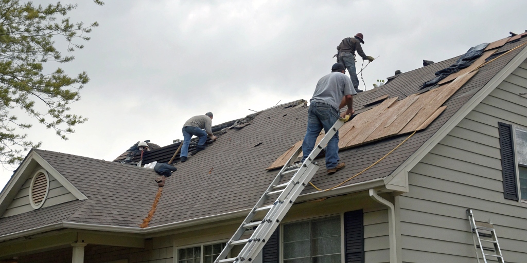 Roof contractors repairing hail damage quickly on a residential roof near me