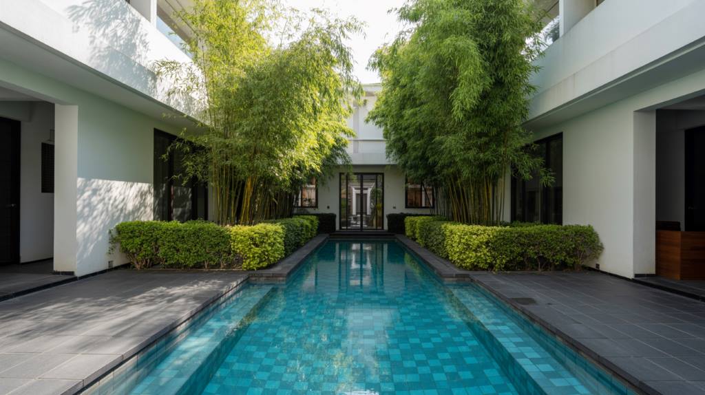 Interior great room with large glass walls opening to private courtyard pool, showcasing natural light and indoor-outdoor flow