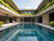 modern U-shaped house plan enclosing a sparkling central courtyard pool with lush greenery