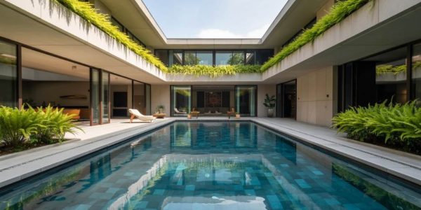 modern U-shaped house plan enclosing a sparkling central courtyard pool with lush greenery