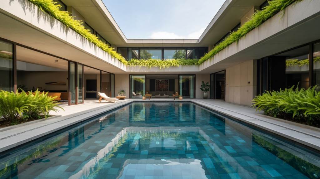 modern U-shaped house plan enclosing a sparkling central courtyard pool with lush greenery