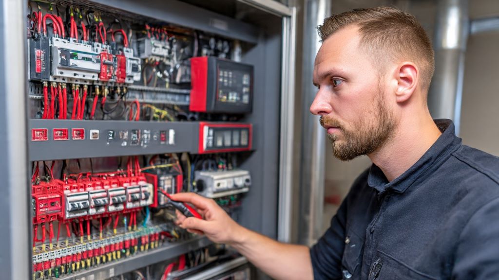 Professional technician inspecting kitchen fire suppression system control panel for troubleshooting