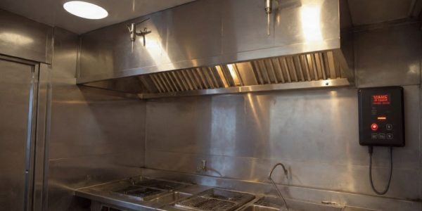 Commercial kitchen hood fire suppression system with visible control panel and fault indicator light