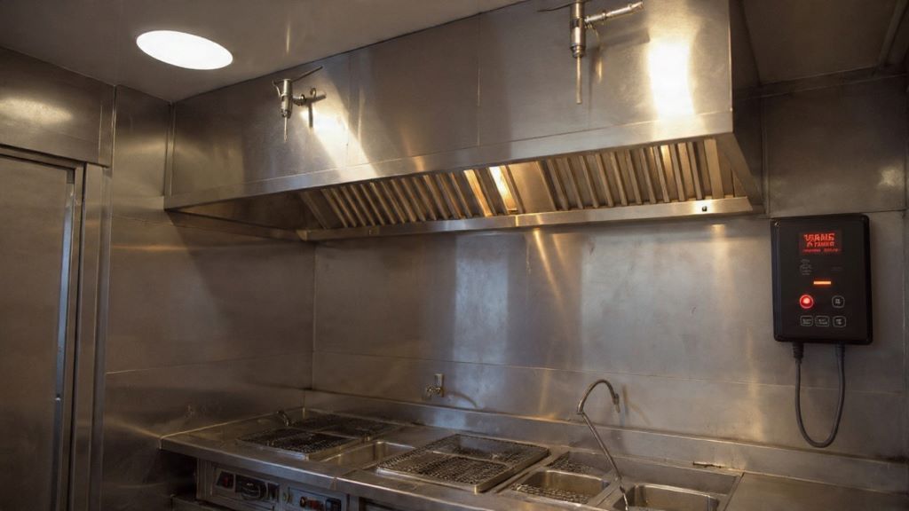 Commercial kitchen hood fire suppression system with visible control panel and fault indicator light