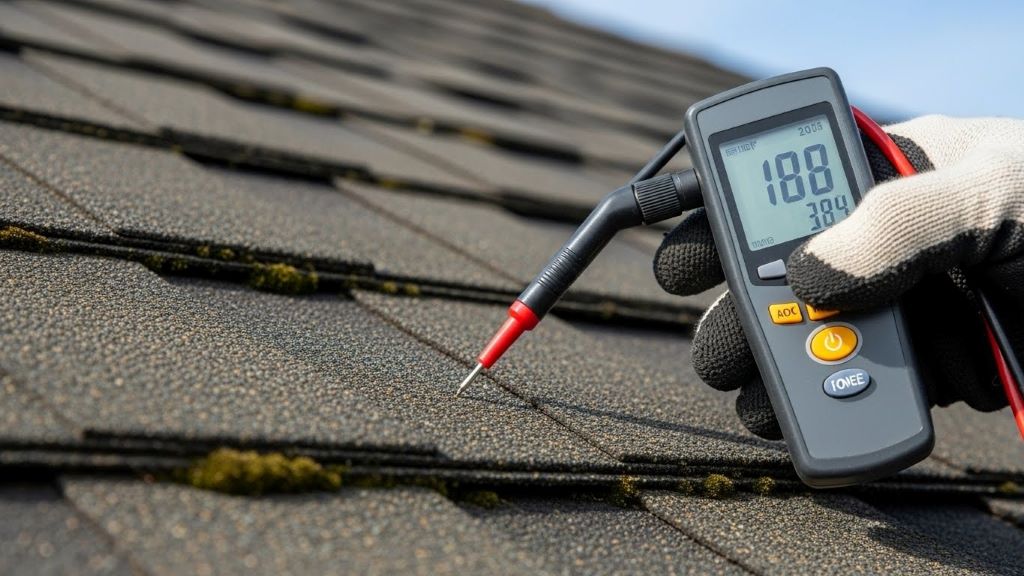 Close-up of moisture meter testing roof shingles for water damage during professional inspection