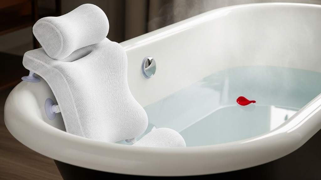 Side view showing perfect spinal alignment with contoured neck and back support bath pillow
