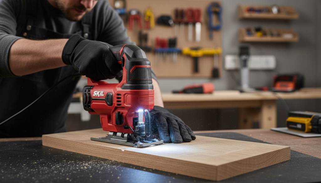 Professional using compact jigsaw with LED light for precise workshop detailing