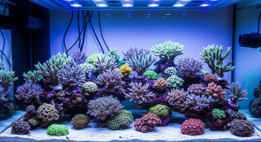 reef LED lights illuminating a coral reef aquarium