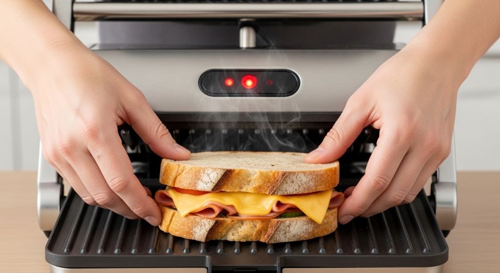Hands placing sandwich on preheated electric grill with indicator light on