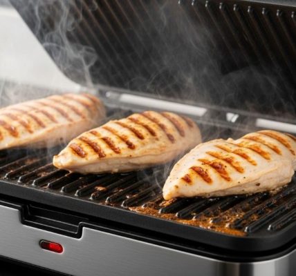 Electric contact grill cooking chicken breast with visible grill marks