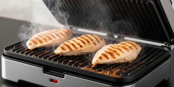 Electric contact grill cooking chicken breast with visible grill marks