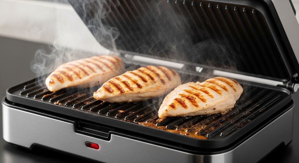 Electric contact grill cooking chicken breast with visible grill marks