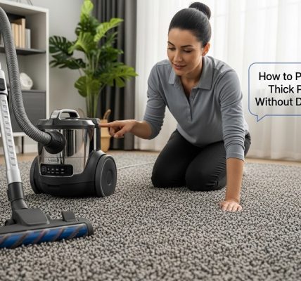 Vacuum cleaning thick pile carpet with adjustable height setting
