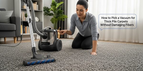 Vacuum cleaning thick pile carpet with adjustable height setting