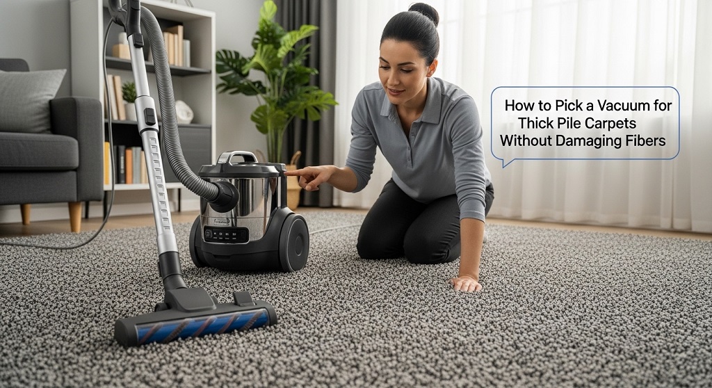 Vacuum cleaning thick pile carpet with adjustable height setting