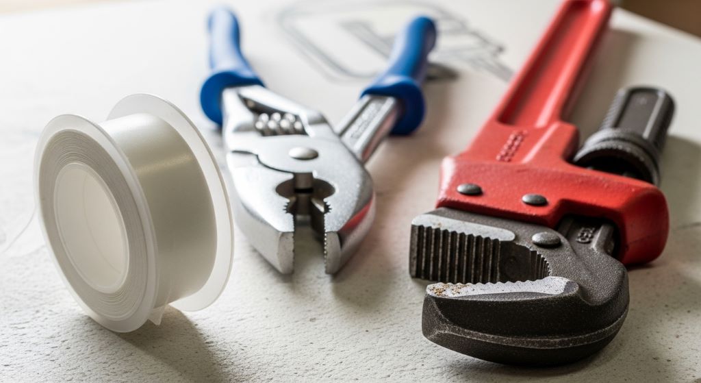 A complete plumbing equipment checklist laid out on a wooden workbench, including wrenches, plungers, and pipe tape