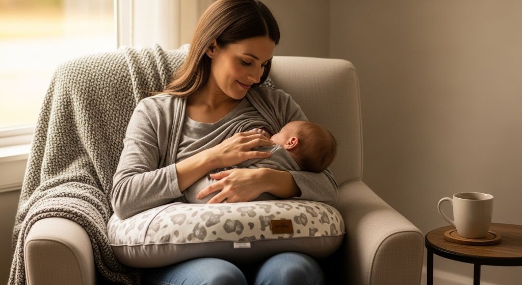 Mother using comfortable nursing pillow with removable cover for breastfeeding newborn baby