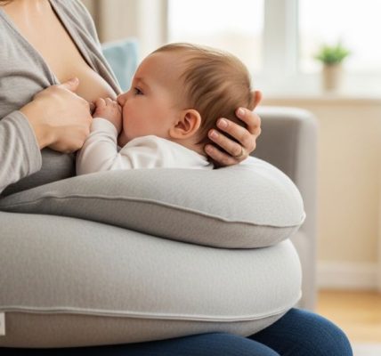 Ergonomic nursing pillow supporting baby during breastfeeding session with proper positioning