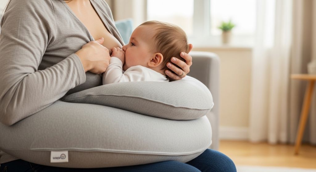 Ergonomic nursing pillow supporting baby during breastfeeding session with proper positioning