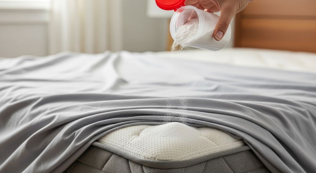 Baking soda being sprinkled over a mattress surface as part of a home hygiene tips routine for odor removal and deep cleaning