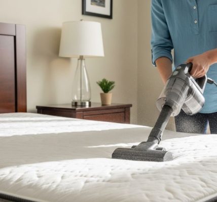 A person using a handheld vacuum cleaner with an upholstery attachment to deep clean a white mattress in a bright bedroom