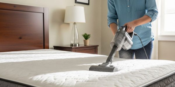 A person using a handheld vacuum cleaner with an upholstery attachment to deep clean a white mattress in a bright bedroom