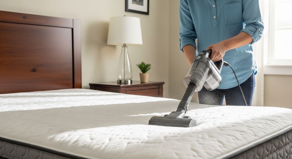 A person using a handheld vacuum cleaner with an upholstery attachment to deep clean a white mattress in a bright bedroom