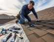 A homeowner applying roofing cement to cracked shingles on a residential roof during a clear day, with repair tools laid out nearby on the roof surface