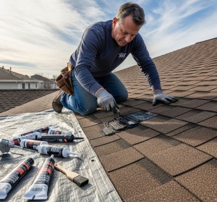 A homeowner applying roofing cement to cracked shingles on a residential roof during a clear day, with repair tools laid out nearby on the roof surface