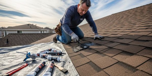 A homeowner applying roofing cement to cracked shingles on a residential roof during a clear day, with repair tools laid out nearby on the roof surface