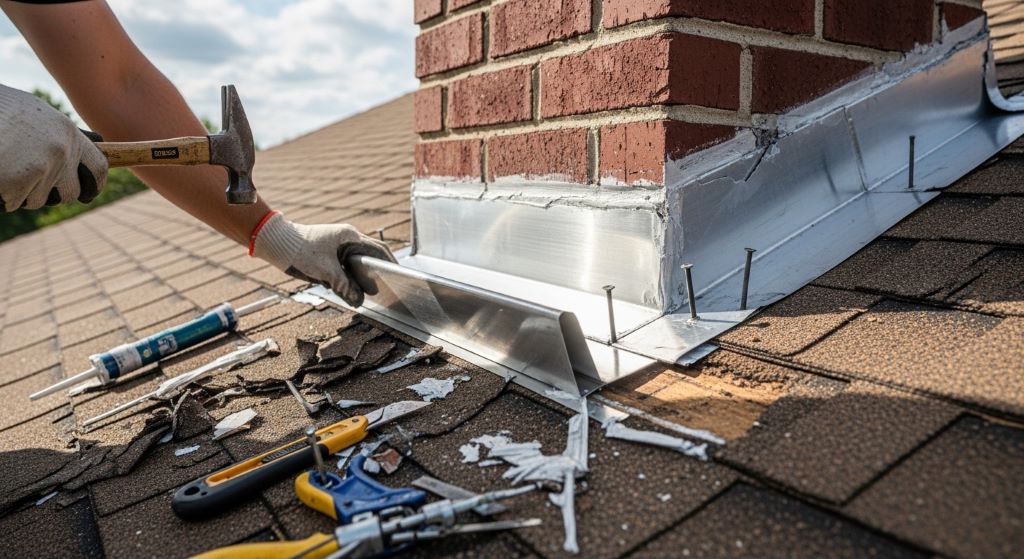 Close-up view of damaged roof flashing being replaced around a chimney, showing old sealant removed and new metal flashing being secured with roofing nails