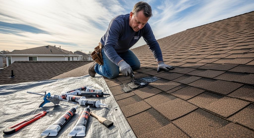 A homeowner applying roofing cement to cracked shingles on a residential roof during a clear day, with repair tools laid out nearby on the roof surface