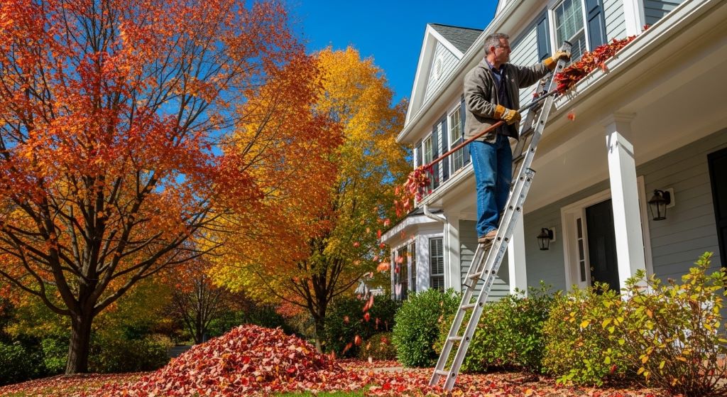 A homeowner cleaning clogged gutters filled with autumn leaves on a two-story house, with a ladder propped against the side and a clear blue sky in the background