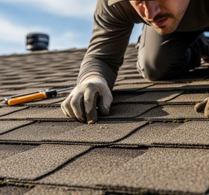 A roofing contractor performing a close-up inspection of asphalt shingles on a residential roof, checking for cracks and missing sections during a routine maintenance visit.