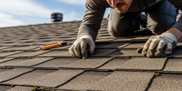 A roofing contractor performing a close-up inspection of asphalt shingles on a residential roof, checking for cracks and missing sections during a routine maintenance visit.
