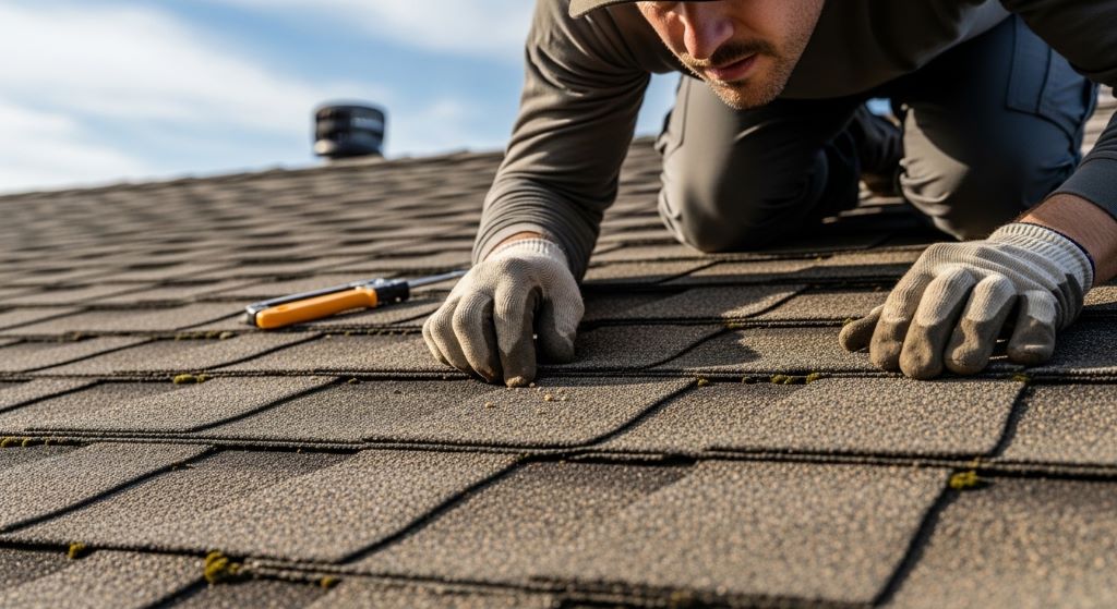 A roofing contractor performing a close-up inspection of asphalt shingles on a residential roof, checking for cracks and missing sections during a routine maintenance visit.