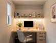 Compact wall-mounted desk setup inside a small apartment home office