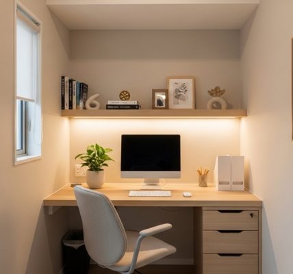 Compact wall-mounted desk setup inside a small apartment home office