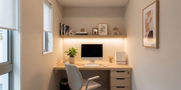 Compact wall-mounted desk setup inside a small apartment home office