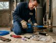 A licensed Denver plumber replacing old galvanized water supply lines with new PEX piping in a residential basement during a full water line conversion project