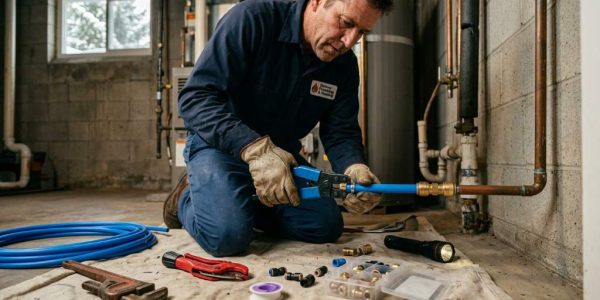 A licensed Denver plumber replacing old galvanized water supply lines with new PEX piping in a residential basement during a full water line conversion project