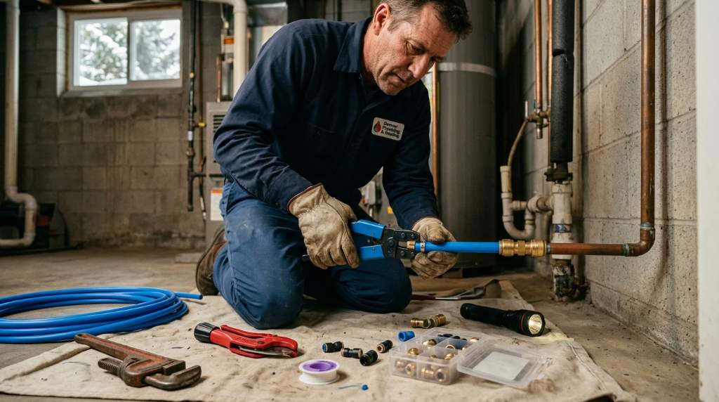 A licensed Denver plumber replacing old galvanized water supply lines with new PEX piping in a residential basement during a full water line conversion project