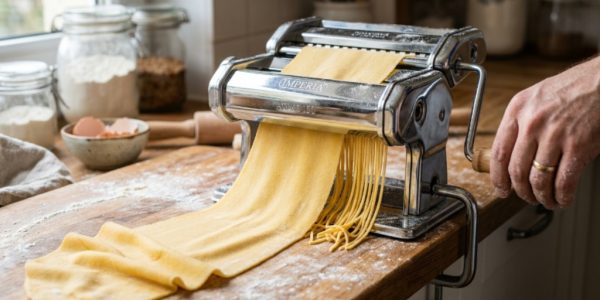 Stainless steel manual pasta machine with hand crank on a wooden kitchen countertop