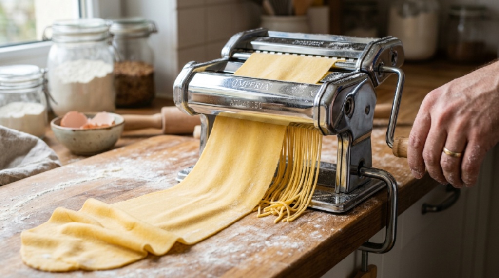 Stainless steel manual pasta machine with hand crank on a wooden kitchen countertop