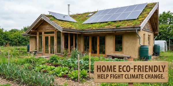 energy efficient eco friendly home with solar panels and LED lighting