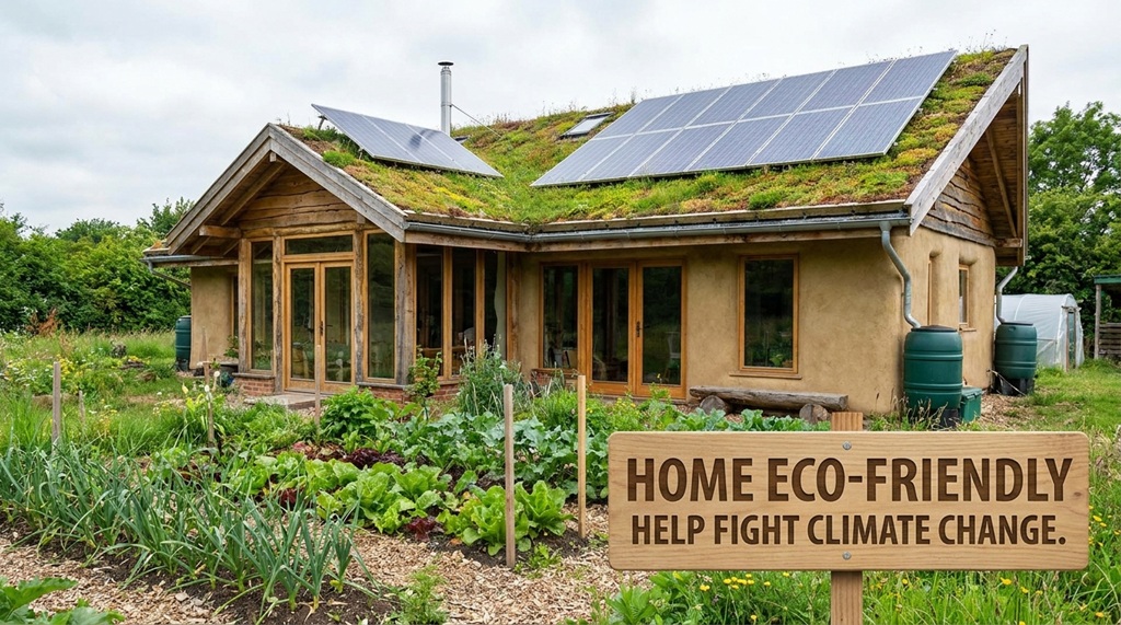 energy efficient eco friendly home with solar panels and LED lighting